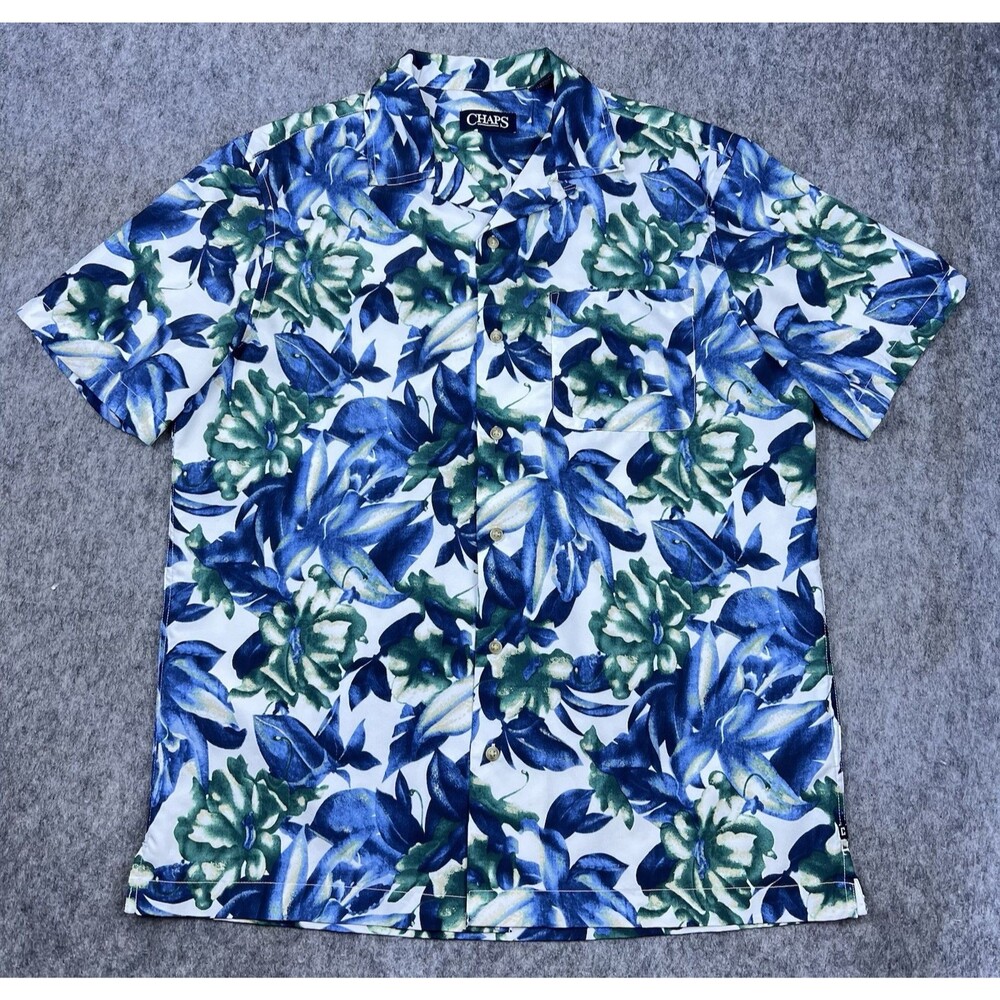 Chaps Men's Button Down Shirt Hawaiian Short Sleeve Floral Blue Green Size M